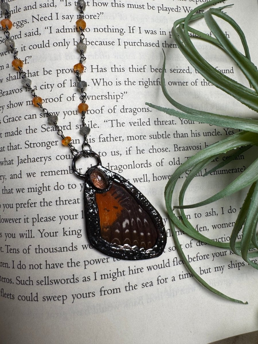 Sunstone and Butterfly Wing Necklace with Labradorite and Agate Beaded Chain (reversible) | Copper Ashes