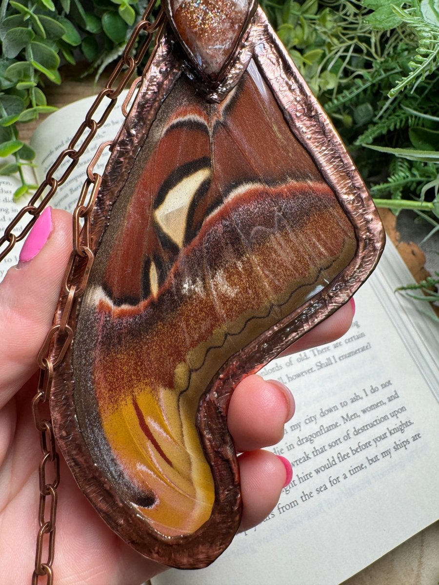 Sunstone and Giant Atlas Moth Wing Necklace | Copper Ashes