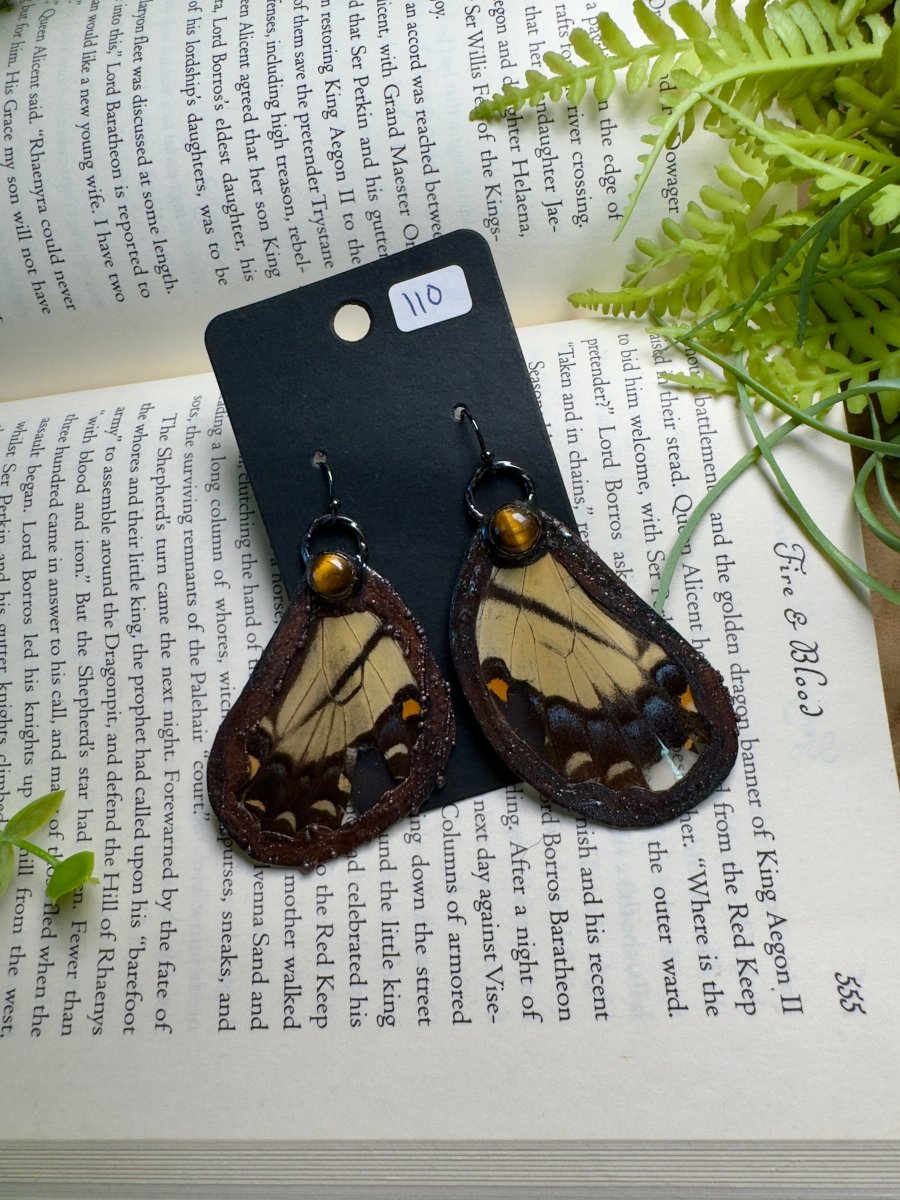Tiger Swallowtail Butterfly Wing and Tigers Eye Earrings | Copper Ashes