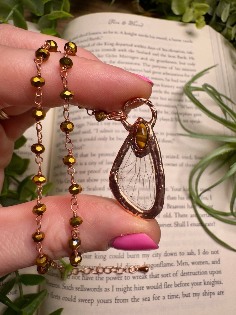 Tigers Eye and Cicada Wing Necklace with Beaded Chain | Copper Ashes