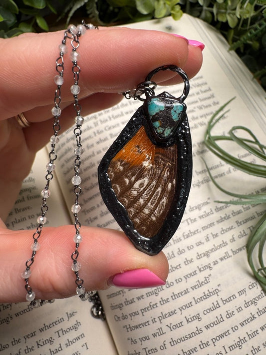 Turquoise and Butterfly Wing Necklace with Quartz Beaded Chain (reversible) | Copper Ashes