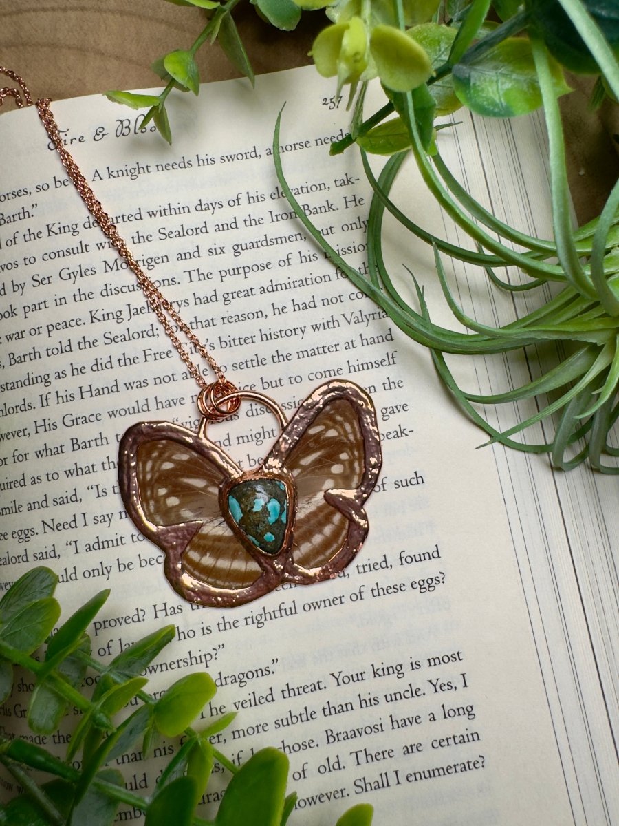 Turquoise and Butterfly Wing Statement Necklace | Copper Ashes