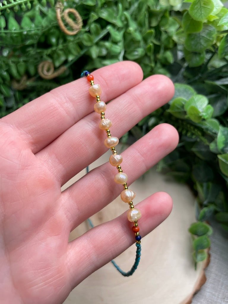 Turquoise and Freshwater Pearl Choker Necklace | Copper Ashes