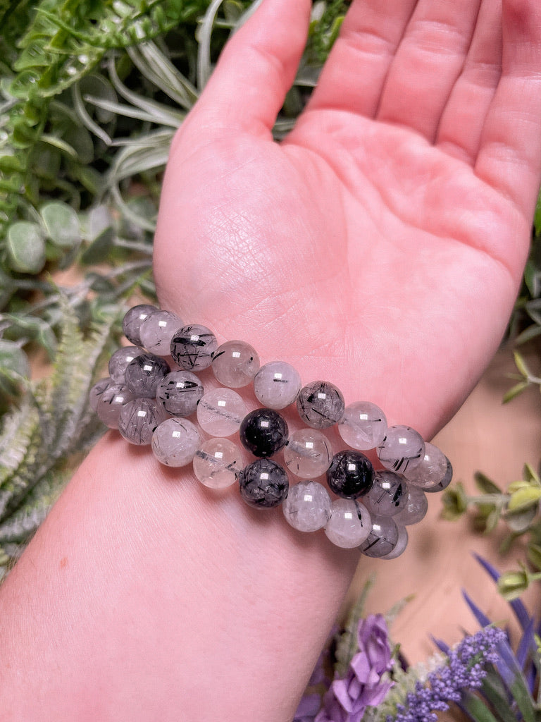 8mm Beaded Black Rutile Quartz Bracelet