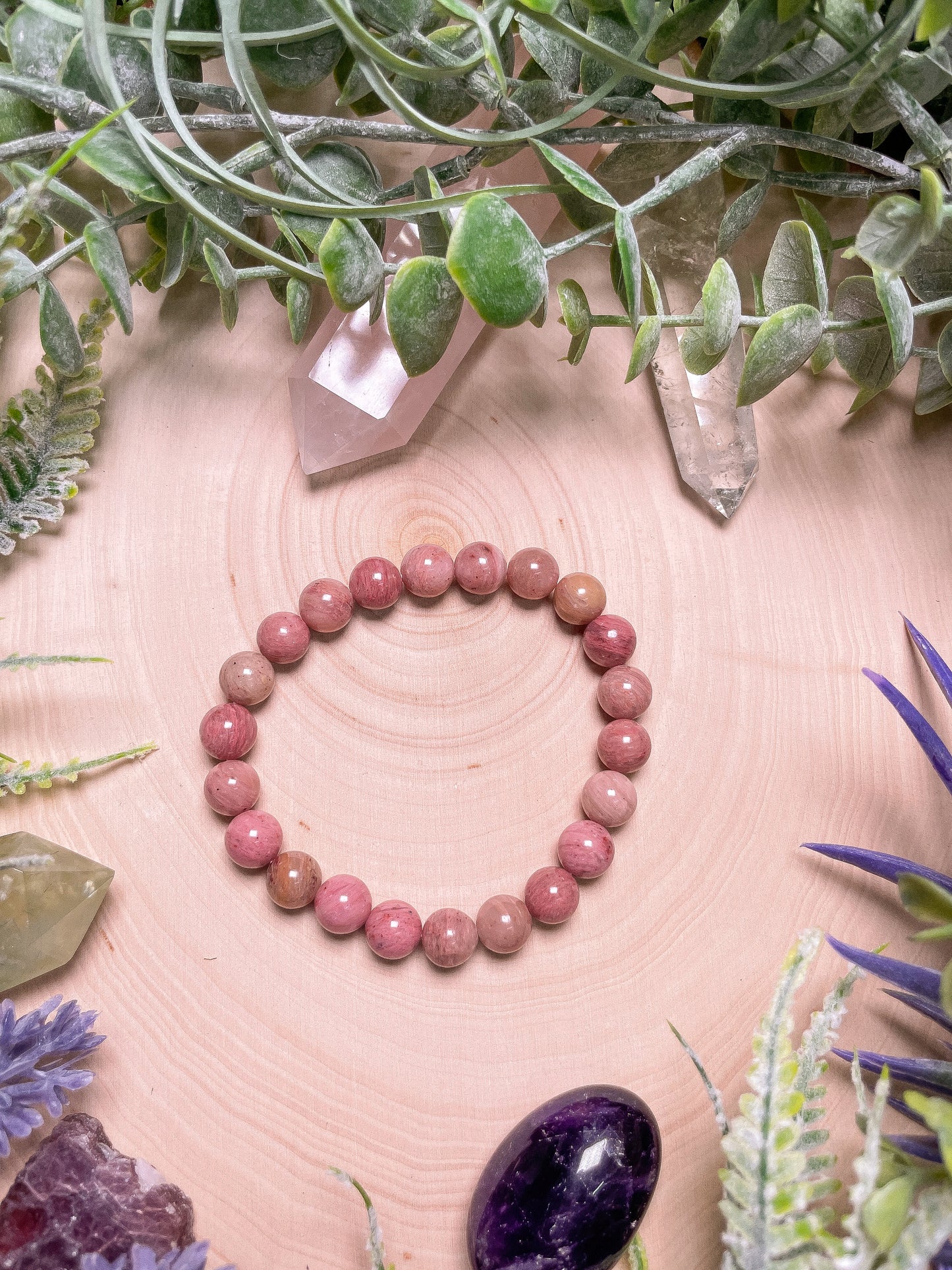 8mm Beaded Pink Rhodonite Bracelet