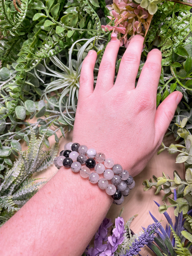 8mm Beaded Black Rutile Quartz Bracelet