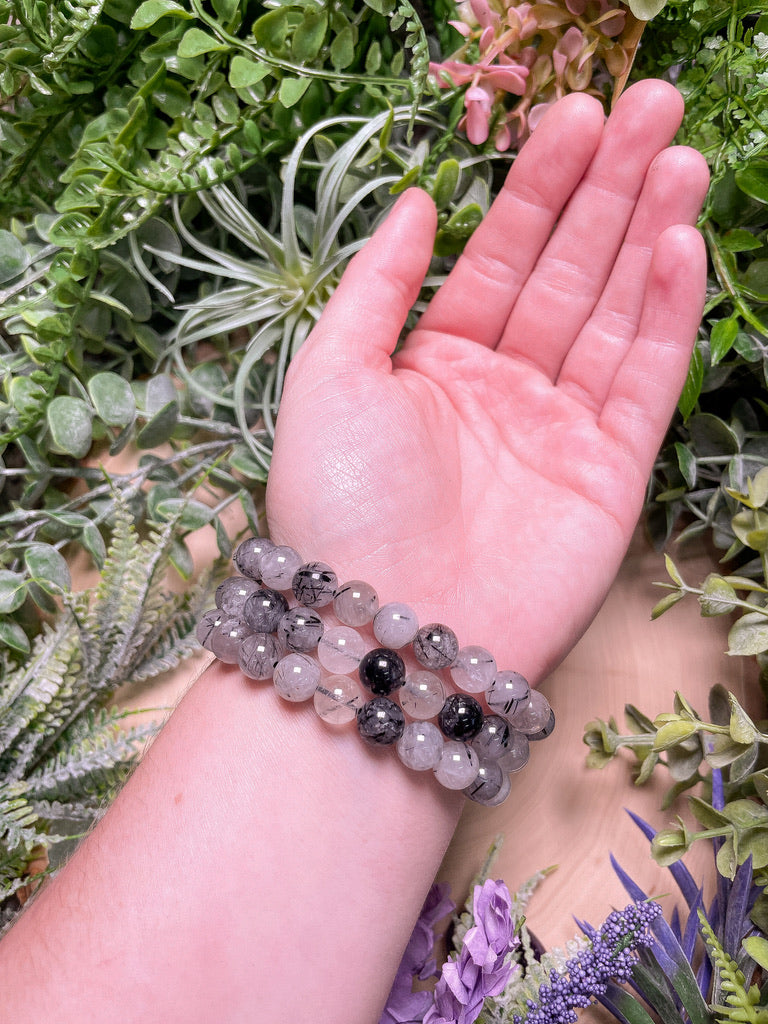 8mm Beaded Black Rutile Quartz Bracelet
