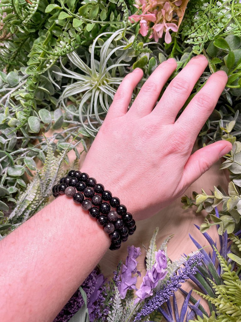 8mm Beaded Silver Sheen Obsidian Bracelet | Copper Ashes