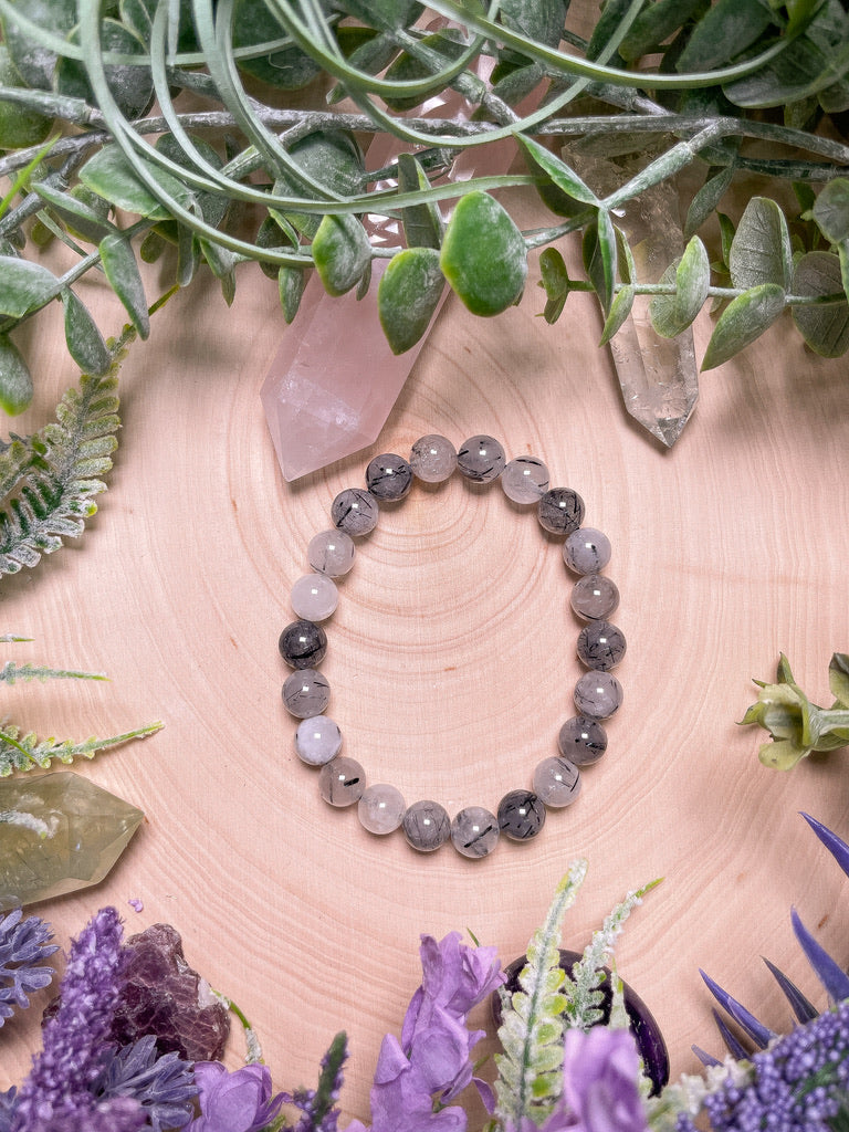 8mm Beaded Black Rutile Quartz Bracelet