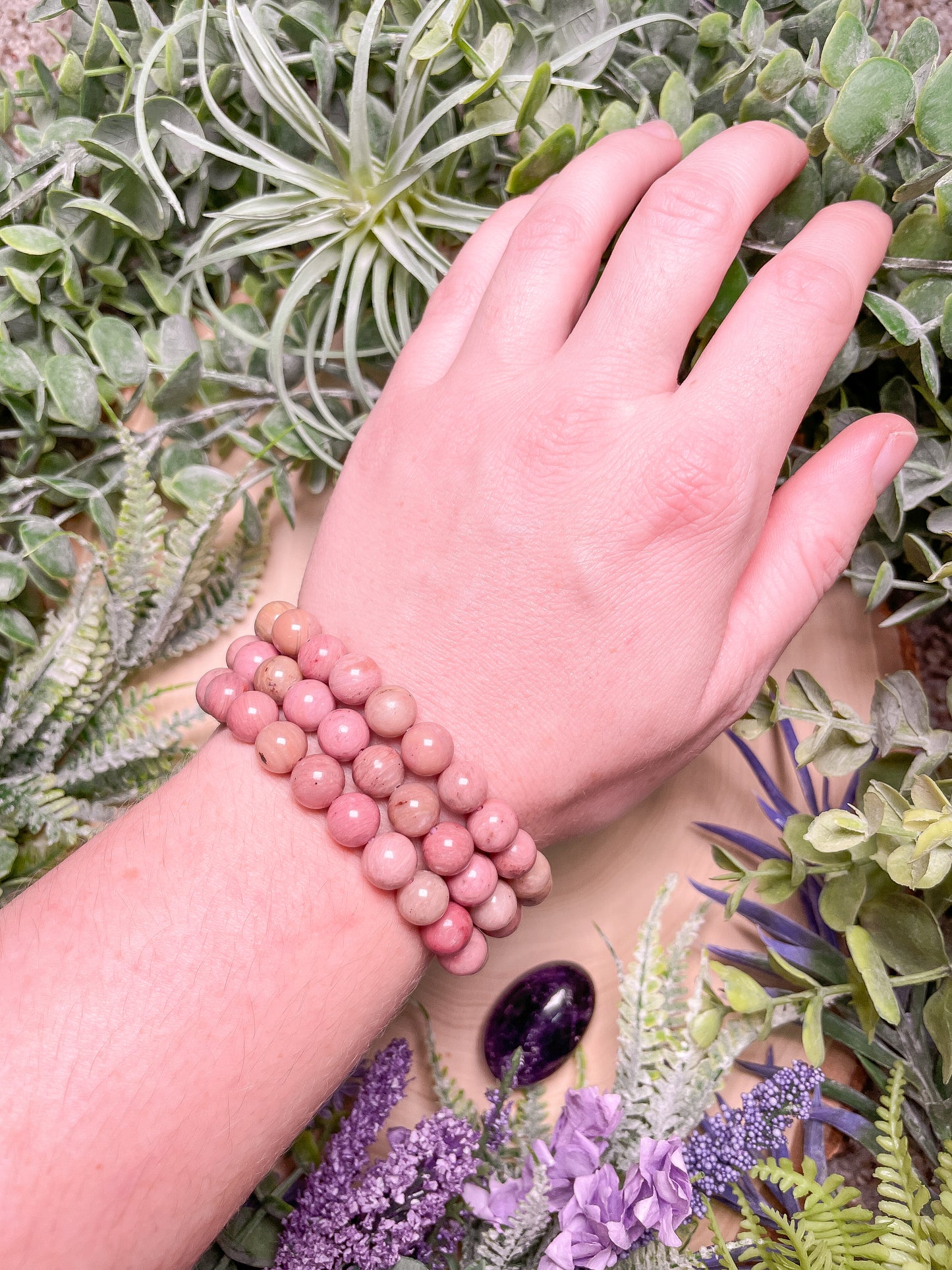 8mm Beaded Pink Rhodonite Bracelet