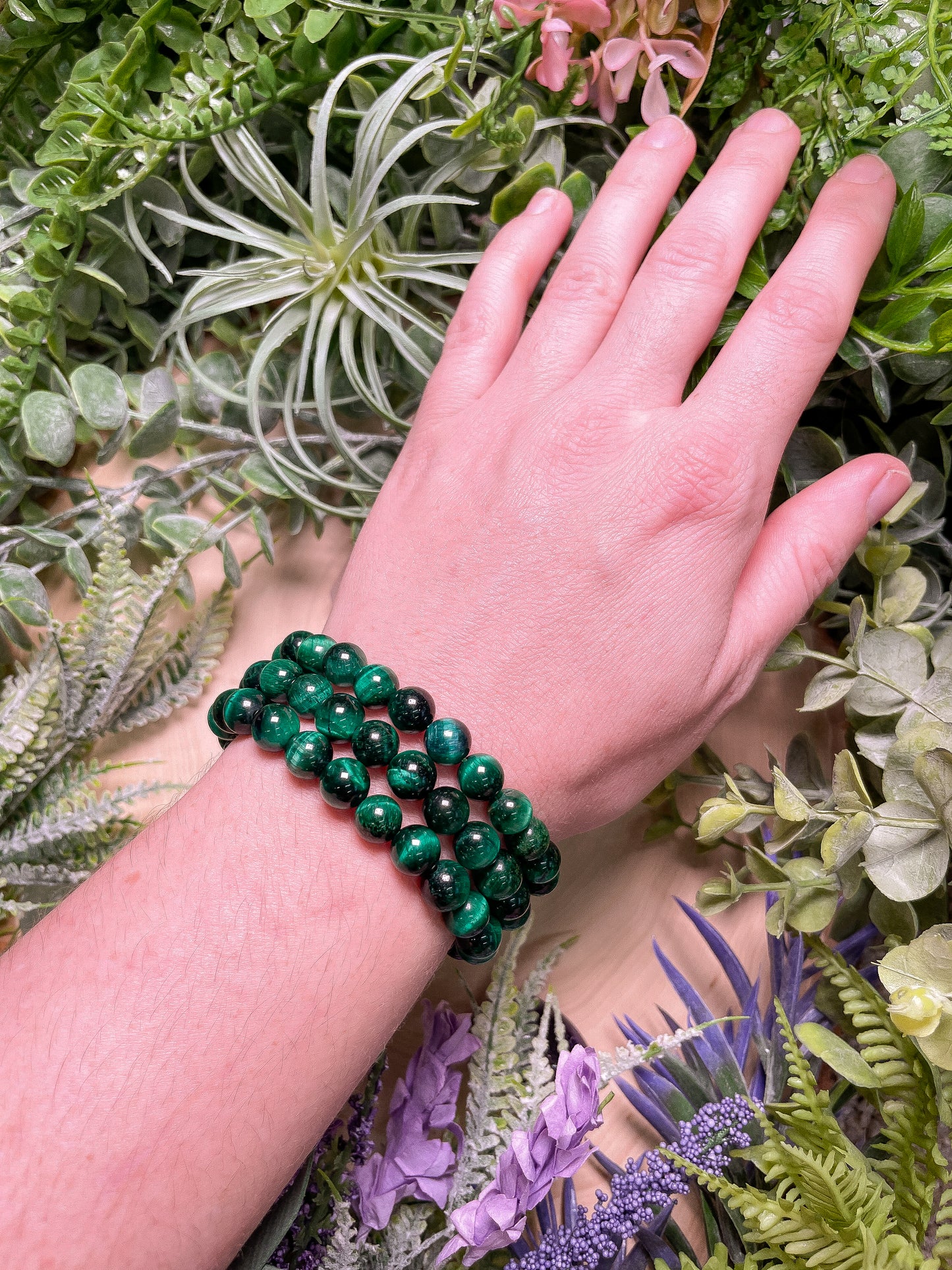8mm Beaded Green Dyed Tigers Eye Bracelet