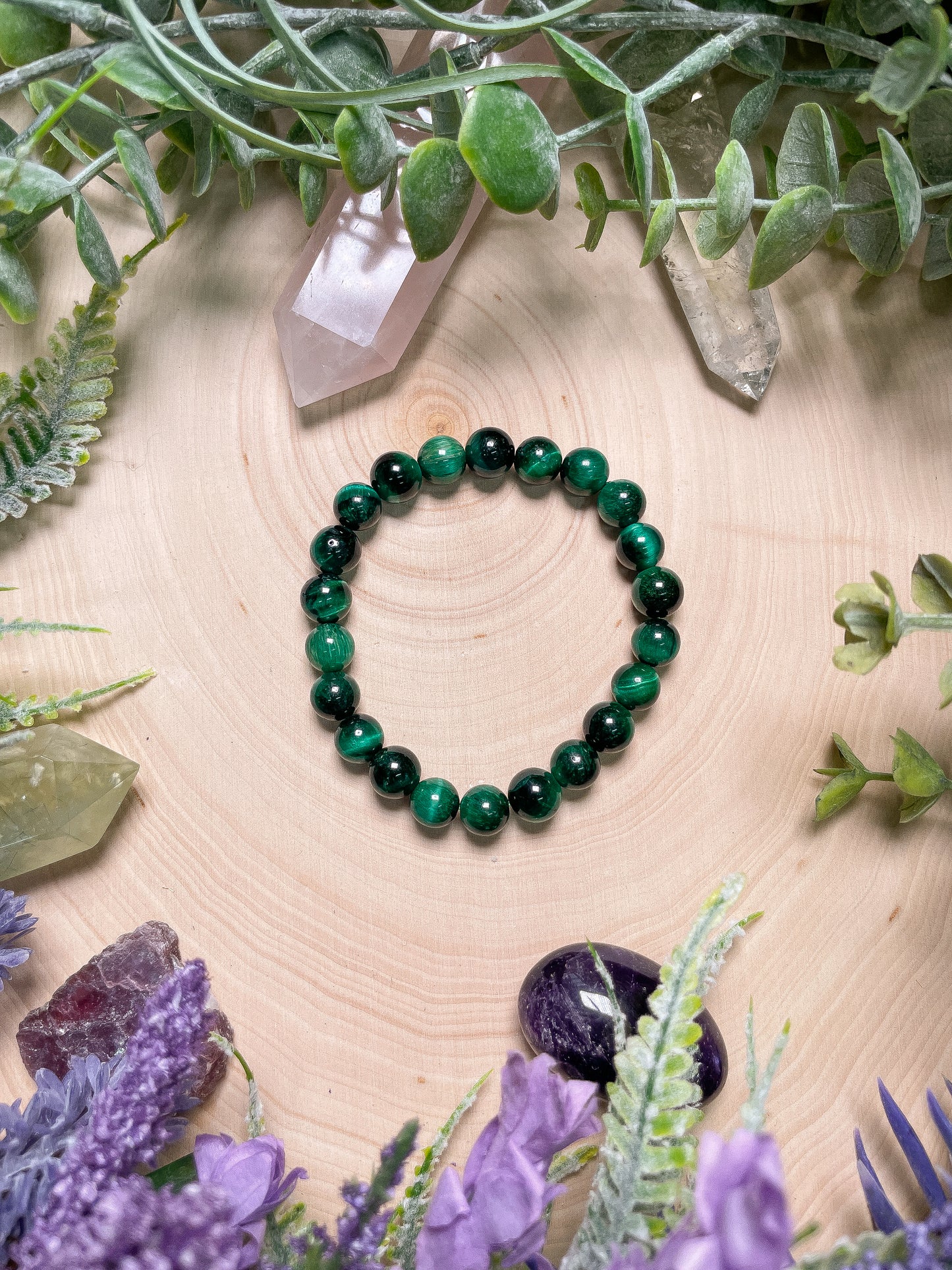 8mm Beaded Green Dyed Tigers Eye Bracelet