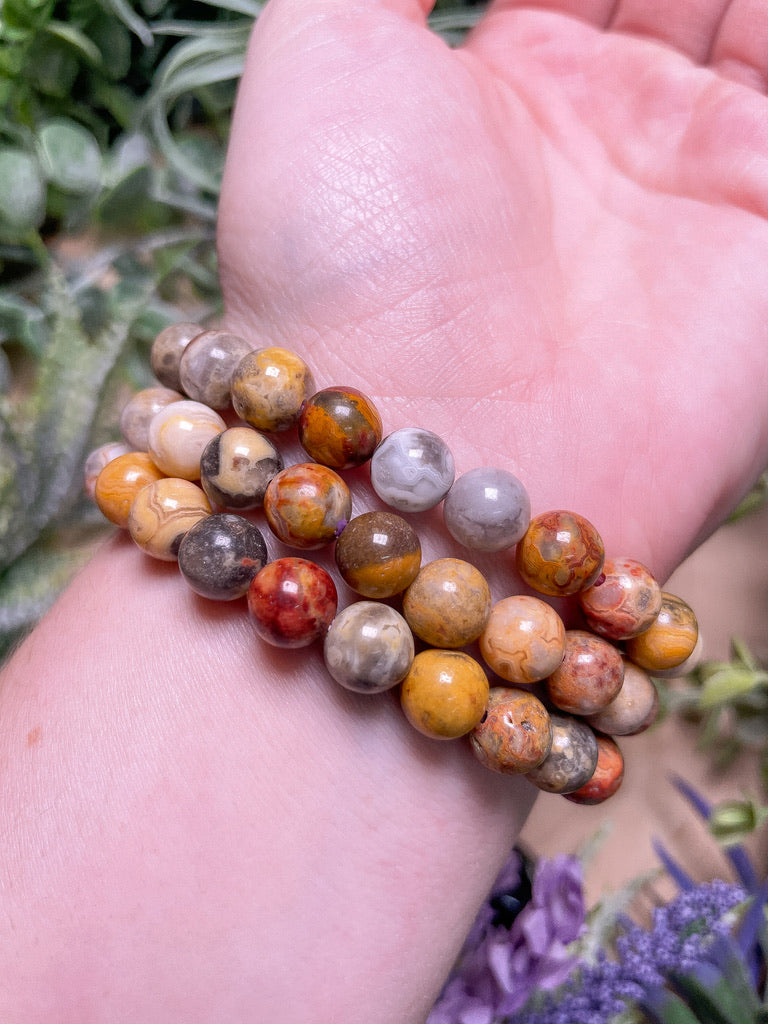 8mm Beaded Crazy Lace Agate Bracelet