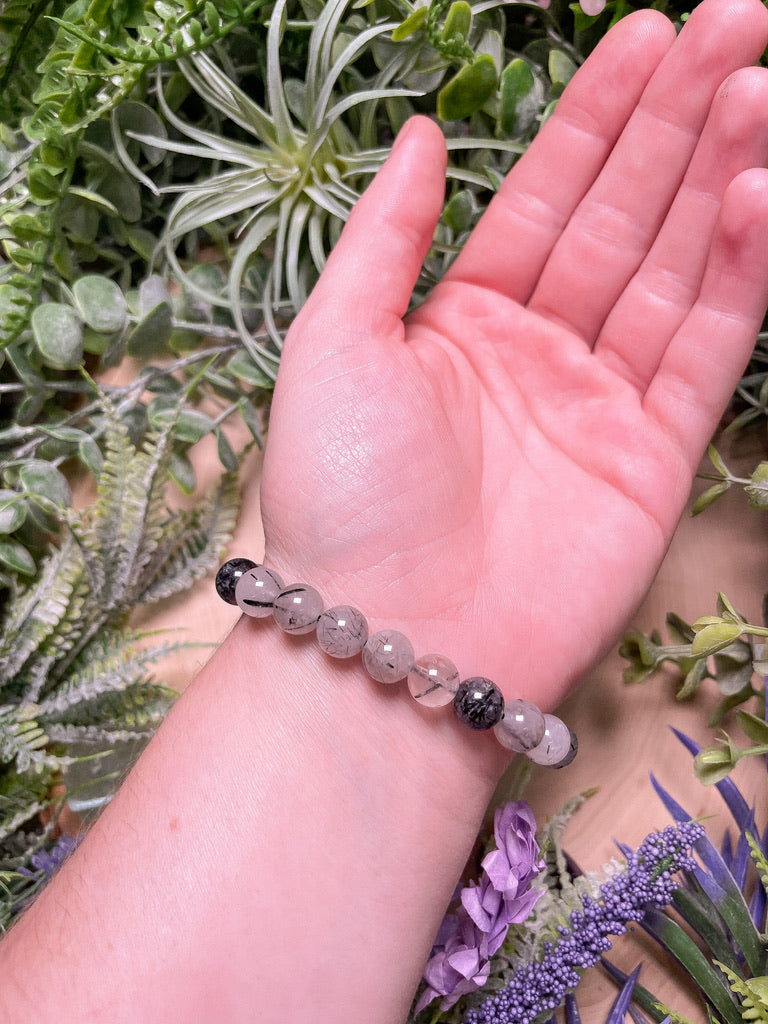 8mm Beaded Black Rutile Quartz Bracelet