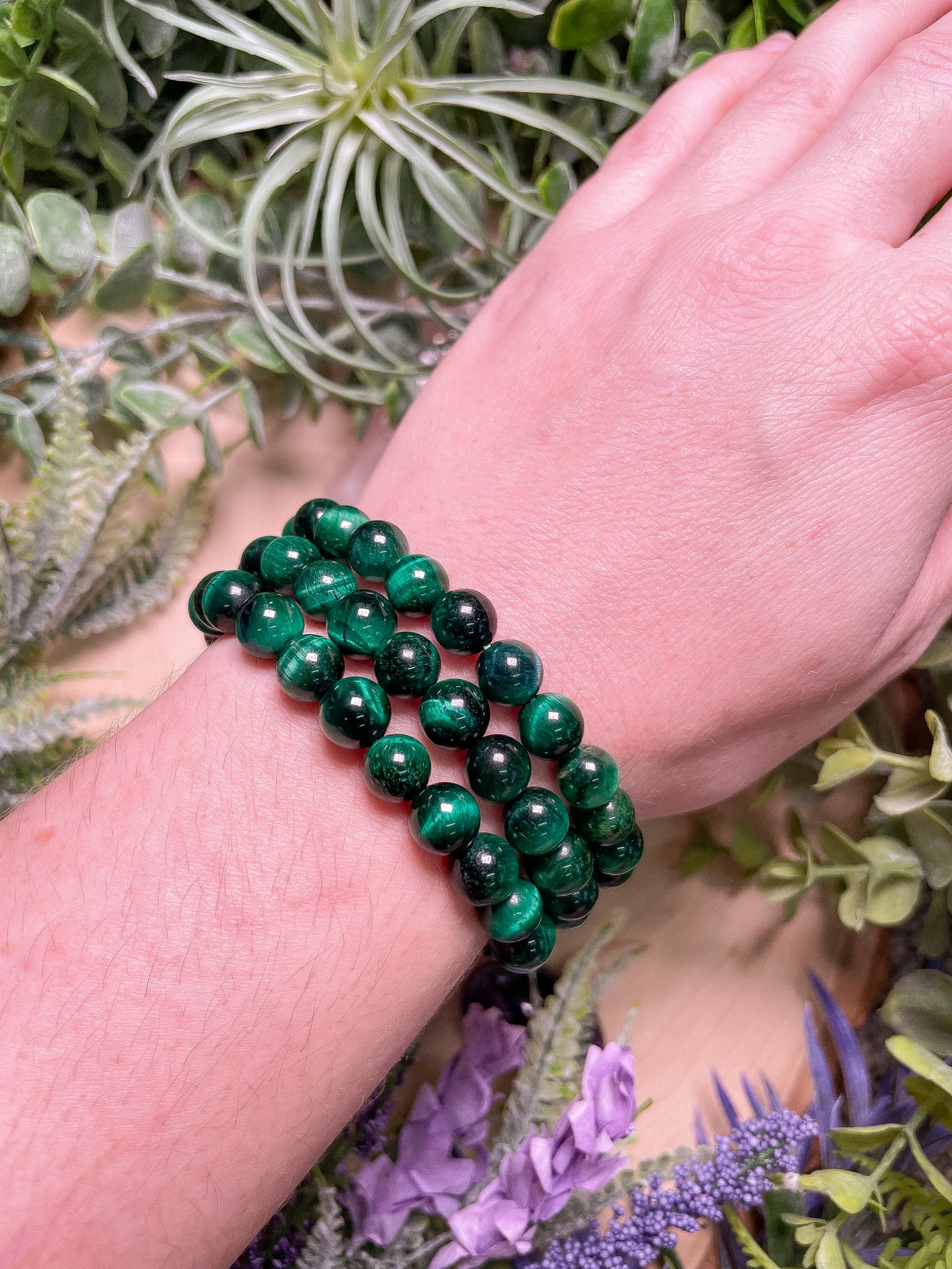 8mm Beaded Green Dyed Tigers Eye Bracelet