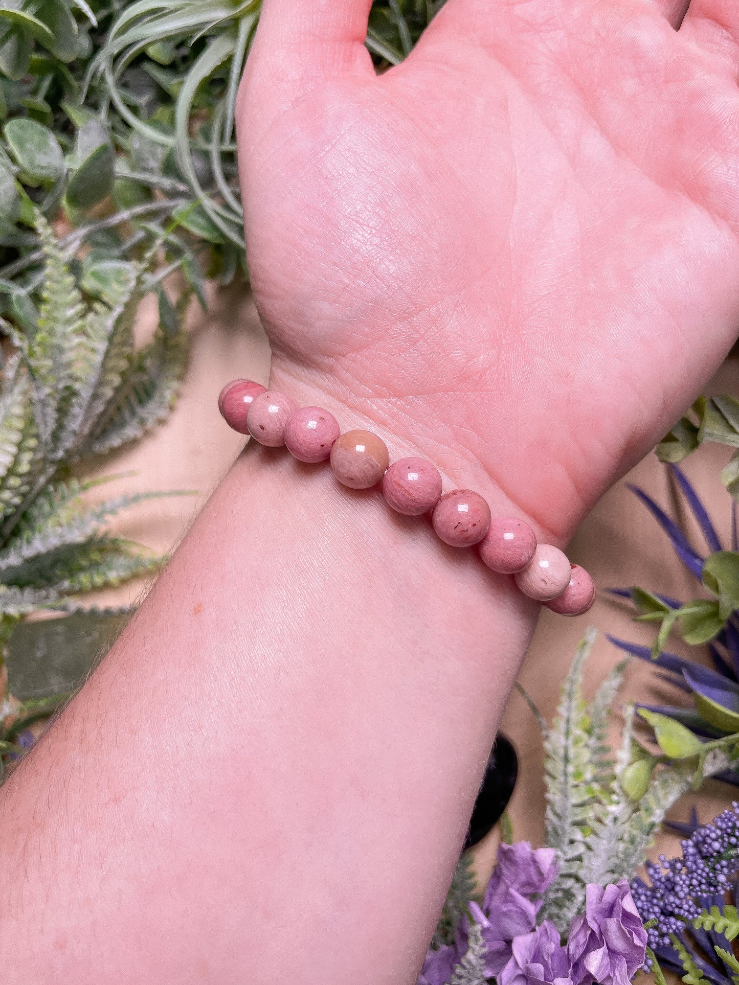 8mm Beaded Pink Rhodonite Bracelet