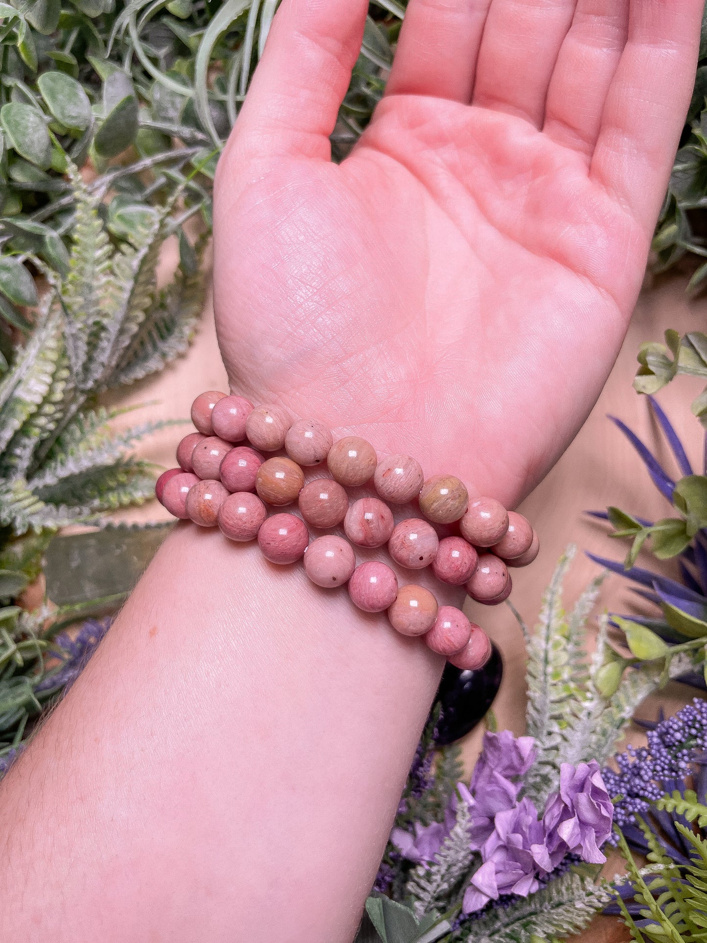 8mm Beaded Pink Rhodonite Bracelet