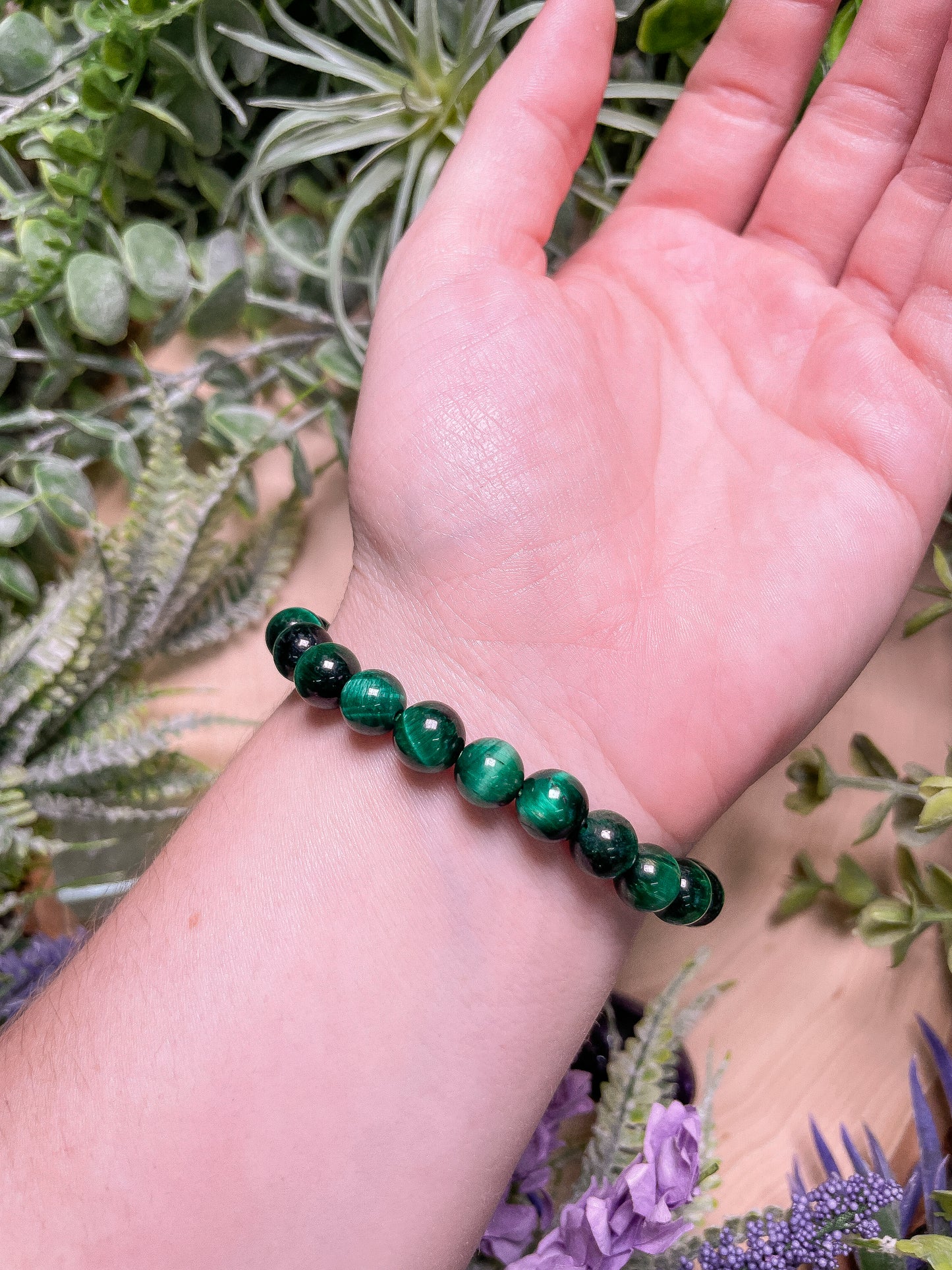 8mm Beaded Green Dyed Tigers Eye Bracelet