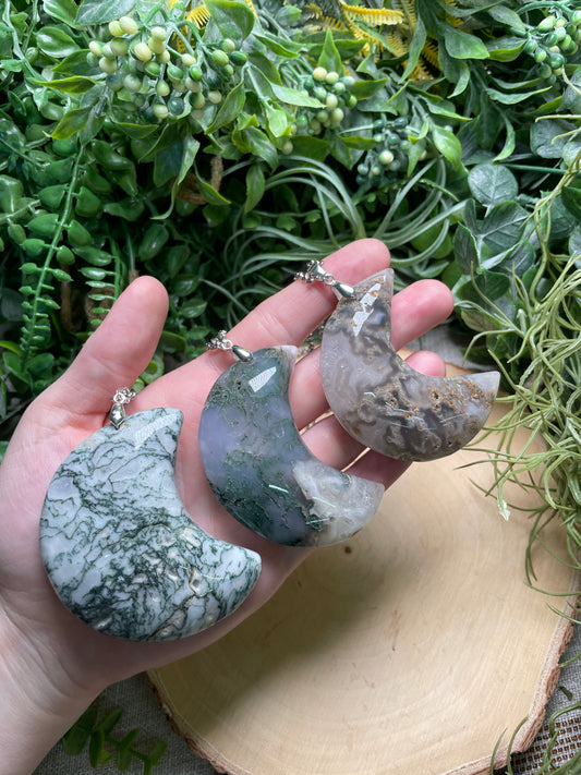 Chunky Moss Agate Moon Necklace