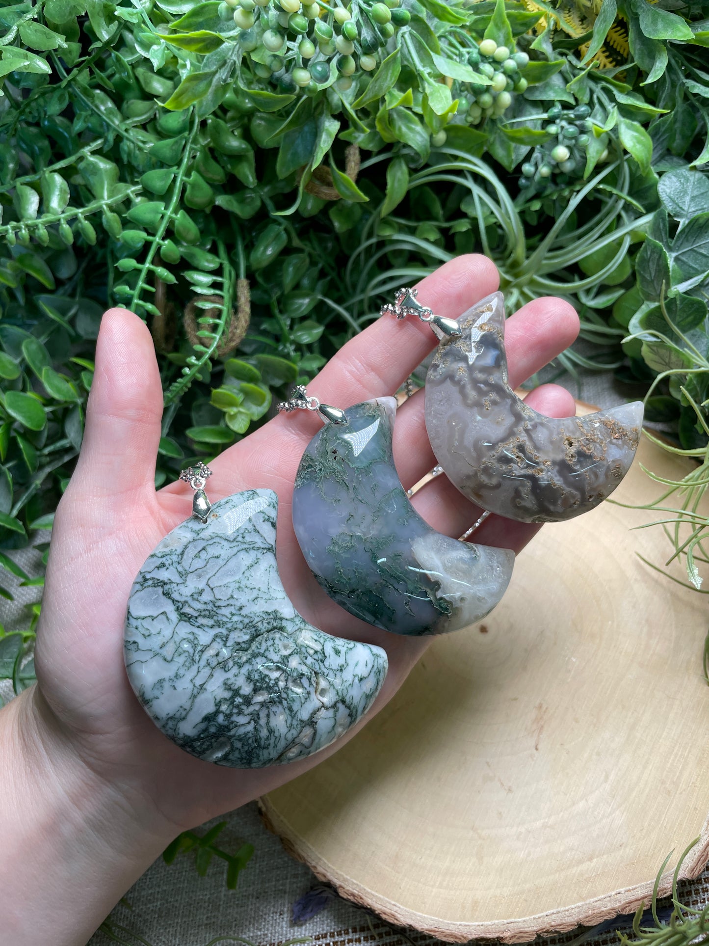 Chunky Moss Agate Moon Necklace
