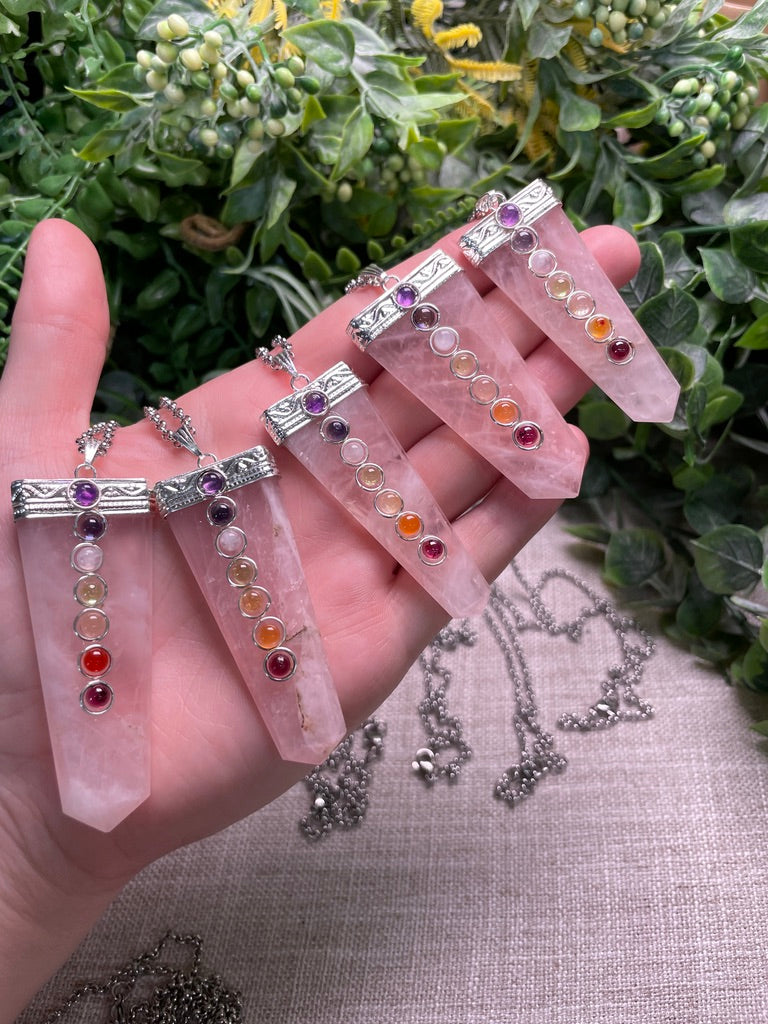 Rose Quartz and Chakra Crystal Necklace
