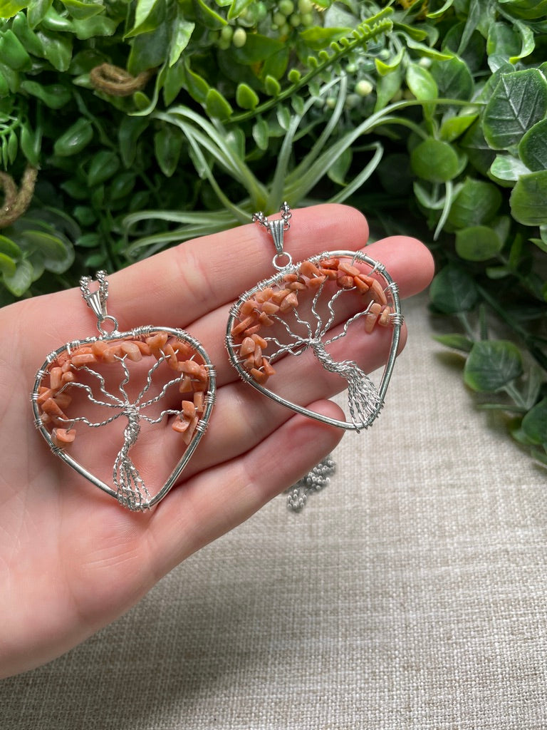 Peach Moonstone Heart Tree of Life Necklace