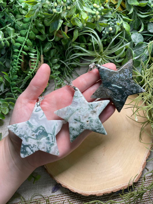 Chunky Moss Agate Star Necklace