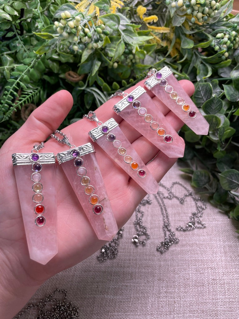 Rose Quartz and Chakra Crystal Necklace