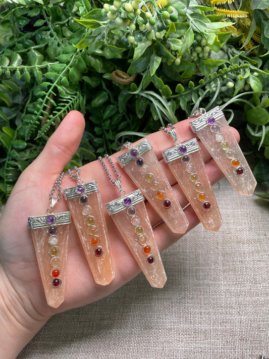 Peach Selenite and Chakra Crystal Necklace