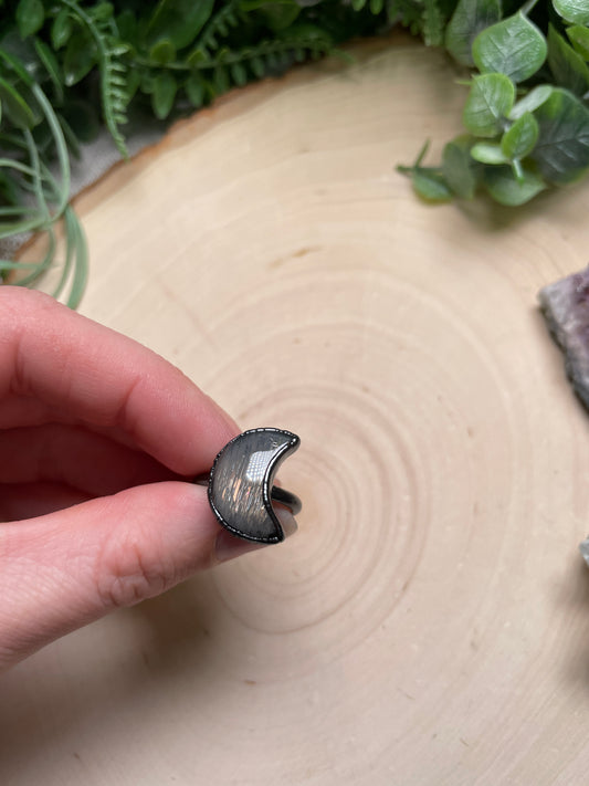 Black Sunstone Moon Ring Size 5