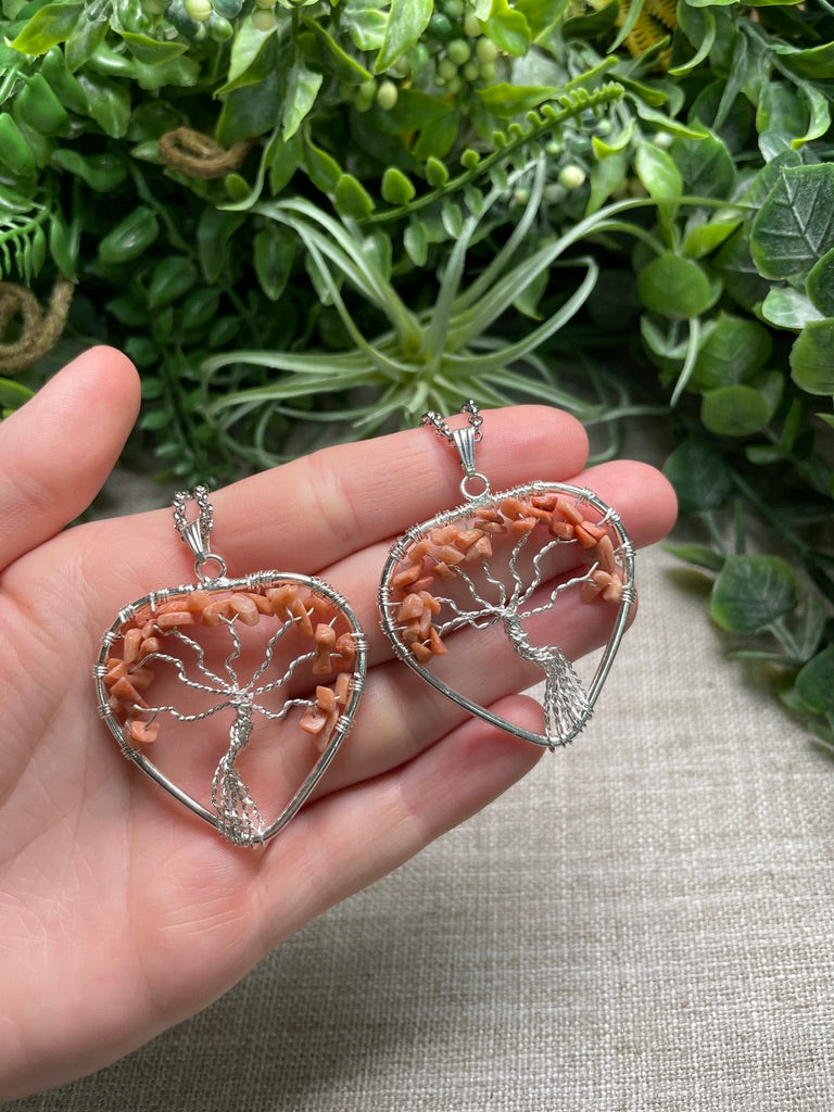 Peach Moonstone Heart Tree of Life Necklace