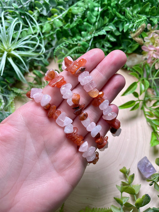 Love and Passion Chip Bracelet made with Carnelian and Rose Quartz