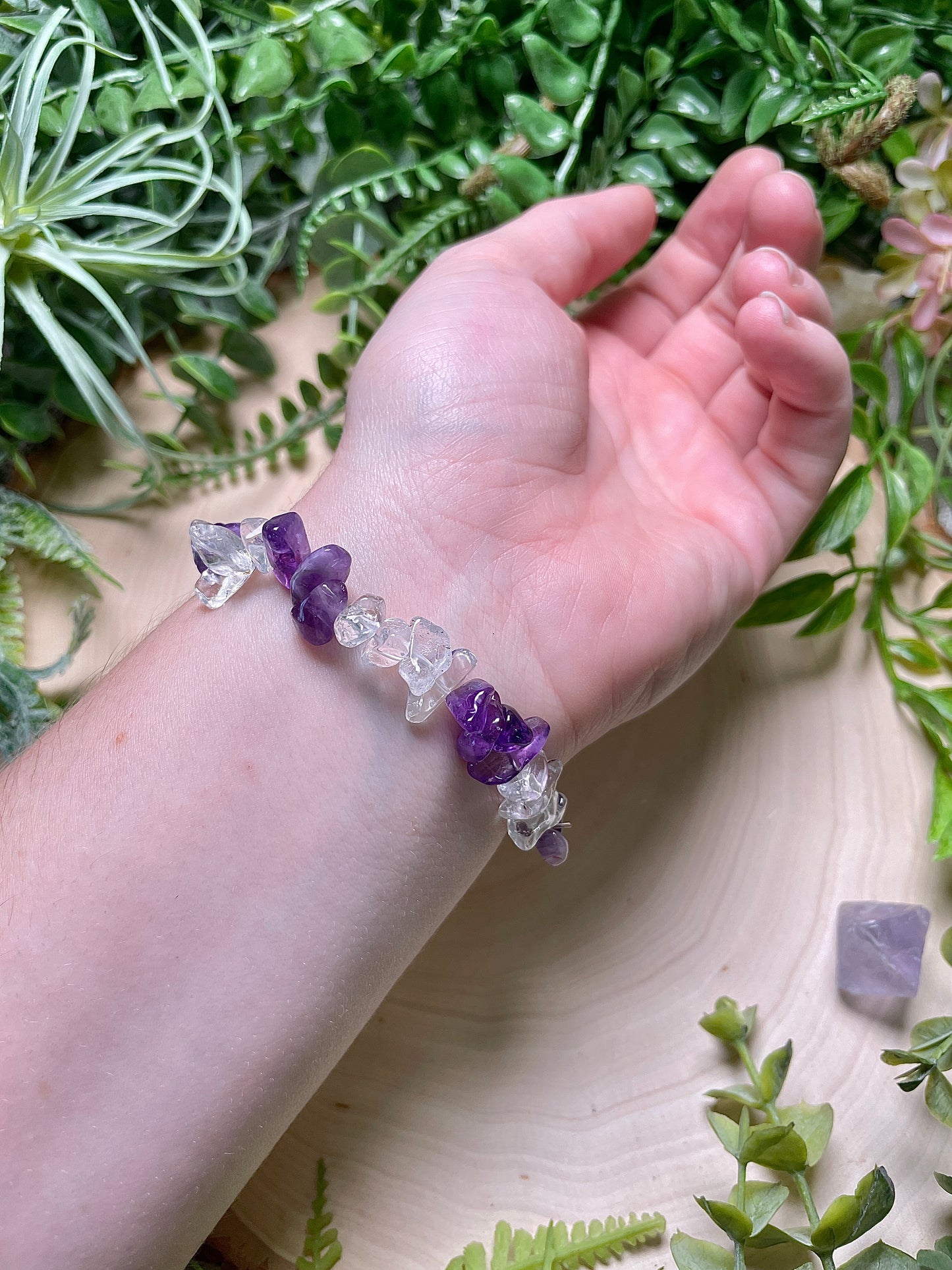 Calm and Clarity Chip Bracelet made with Amethyst and Clear Quartz