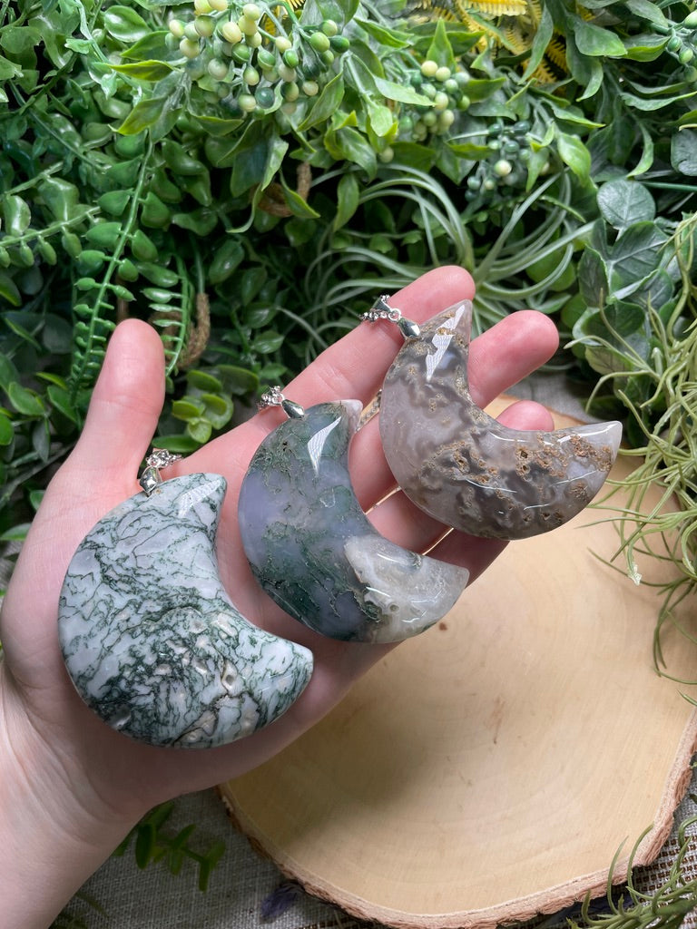 Chunky Moss Agate Moon Necklace