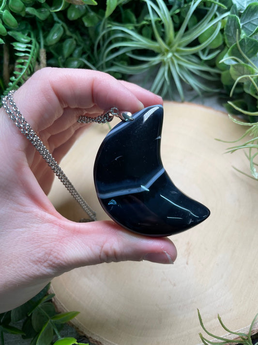 Chunky Black Agate Moon Necklace
