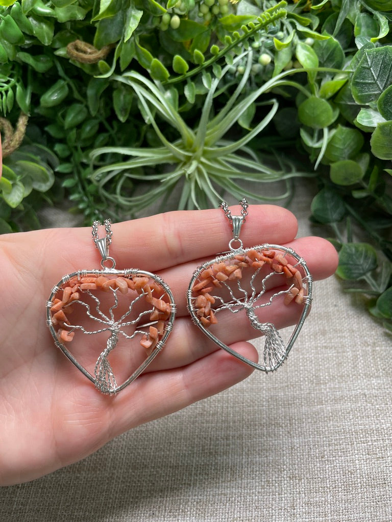 Peach Moonstone Heart Tree of Life Necklace
