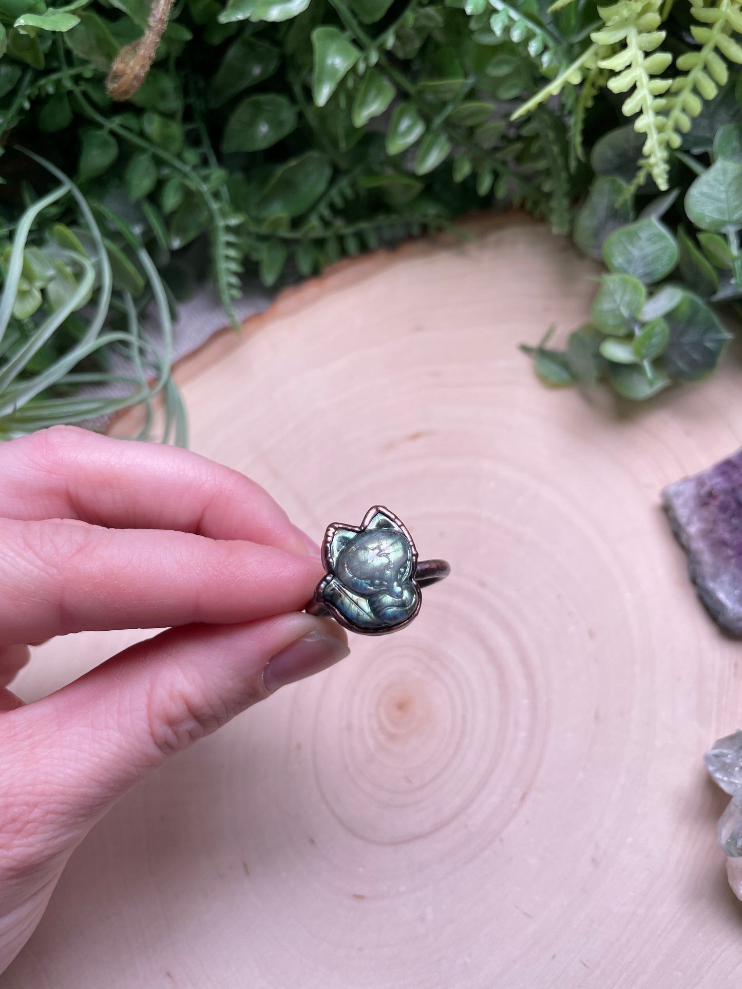 Labradorite Fox Ring Size 11.25 (Damaged Stone)