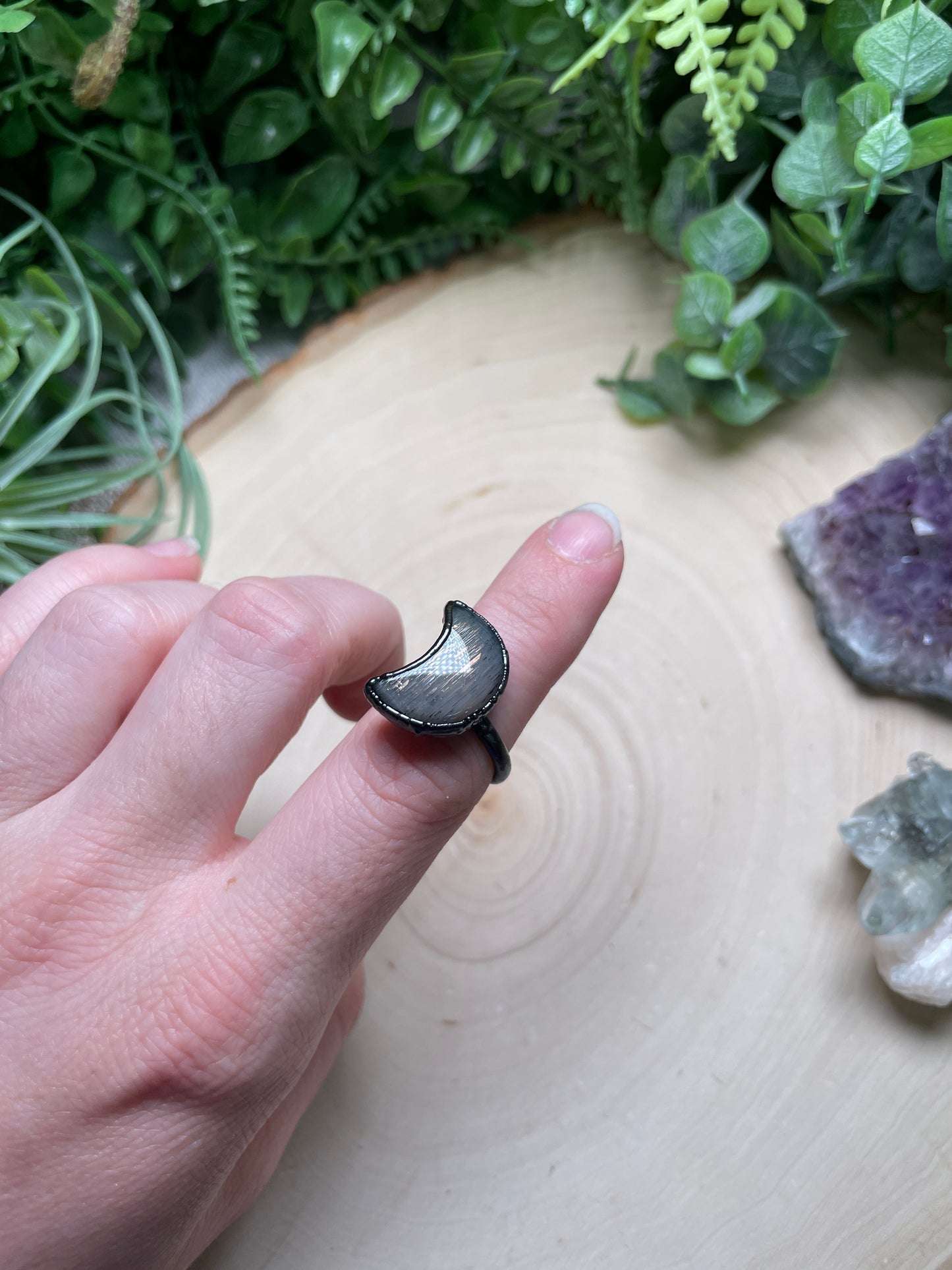 Black Sunstone Moon Ring Size 5