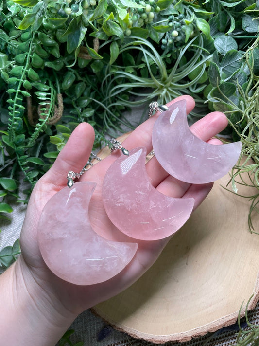 Chunky Rose Quartz Moon Necklace