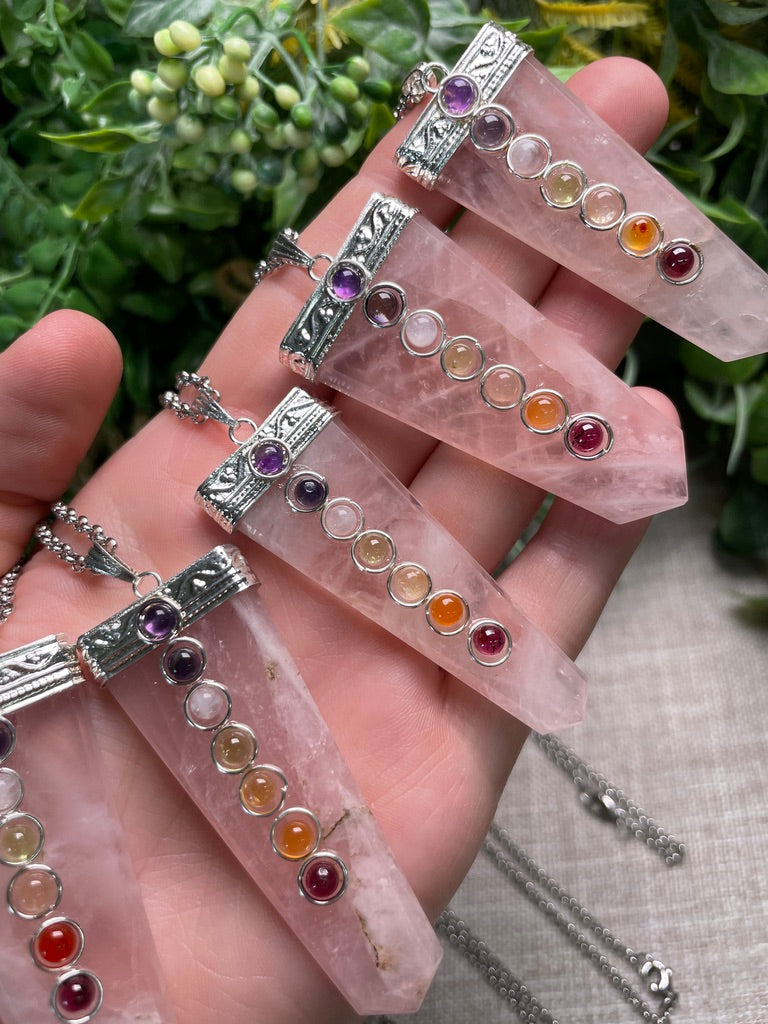 Rose Quartz and Chakra Crystal Necklace
