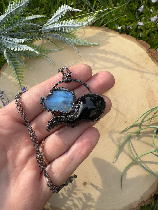 Obsidian Tadpole and Moonstone Necklace