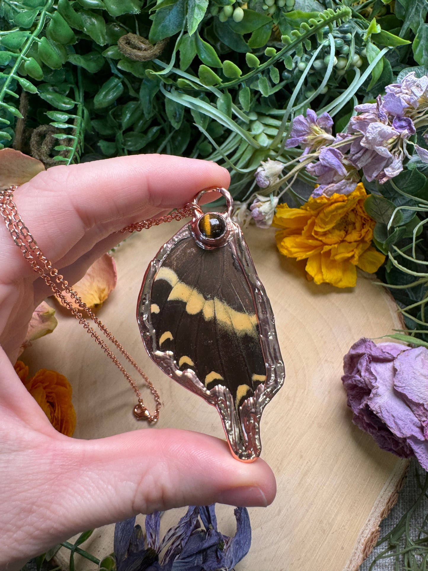Tigers Eye and Swallowtail Butterfly Wing Necklace