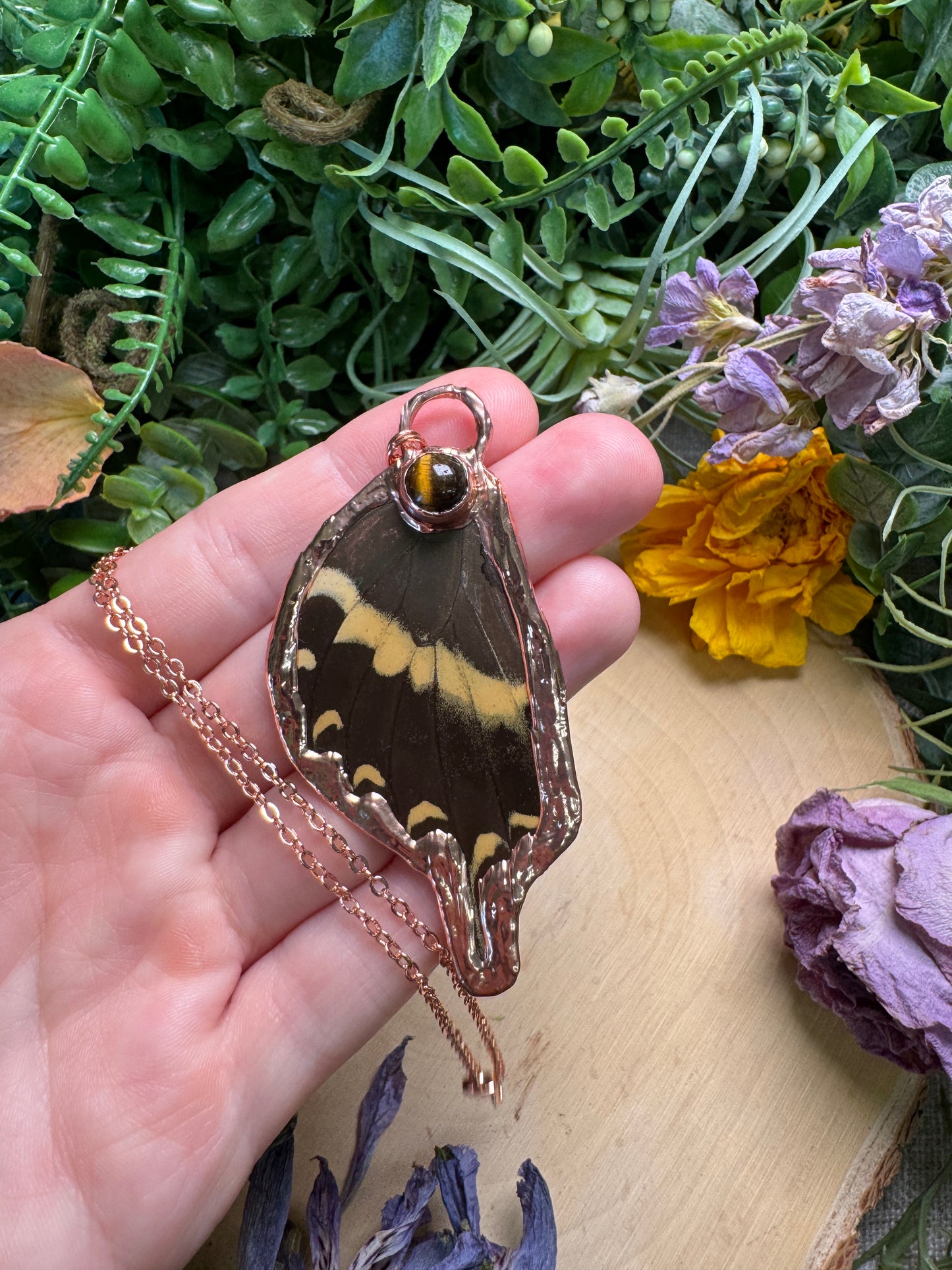 Tigers Eye and Swallowtail Butterfly Wing Necklace
