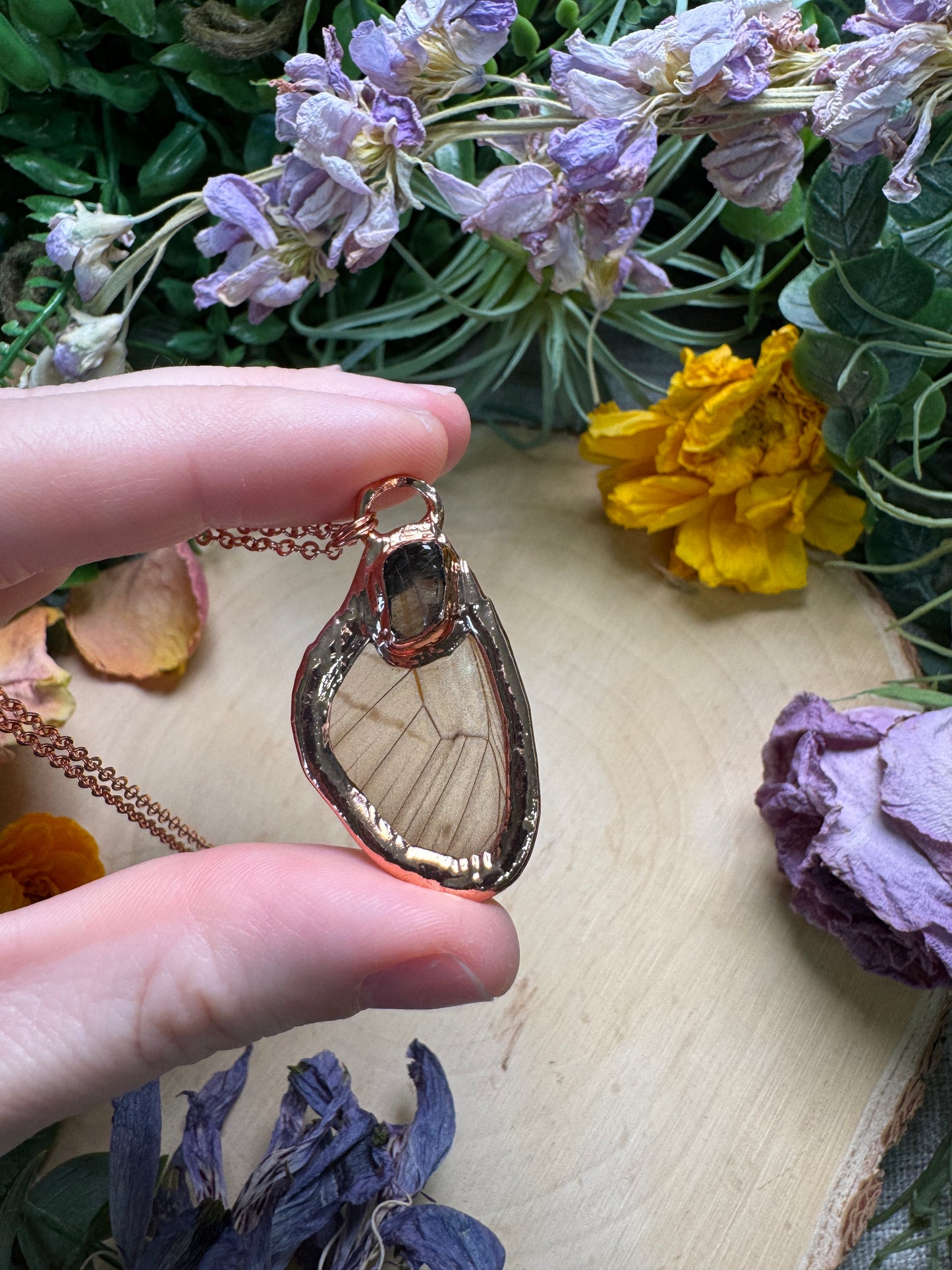 Golden Rutile Quartz and Butterfly Wing Necklace
