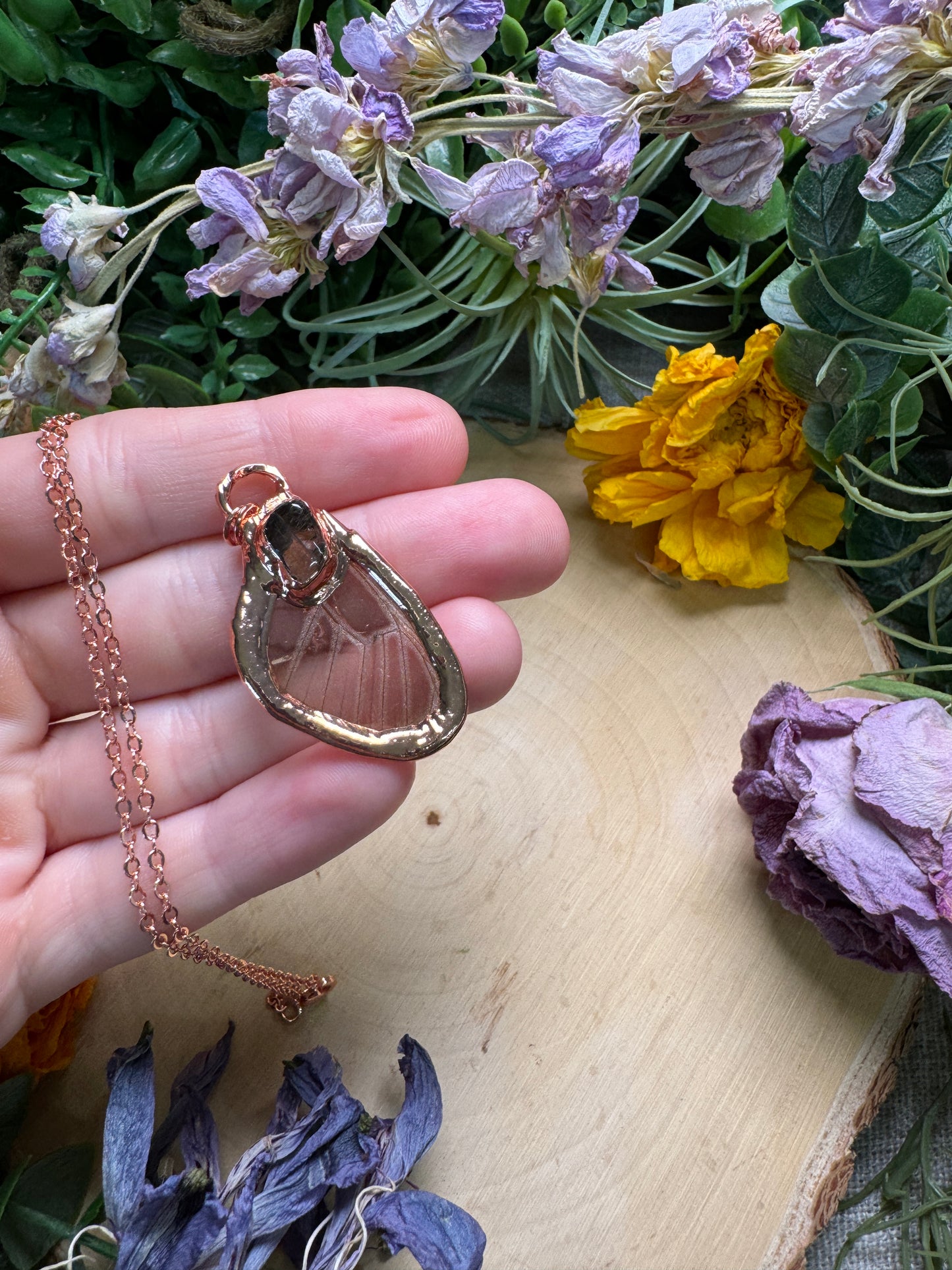 Golden Rutile Quartz and Butterfly Wing Necklace