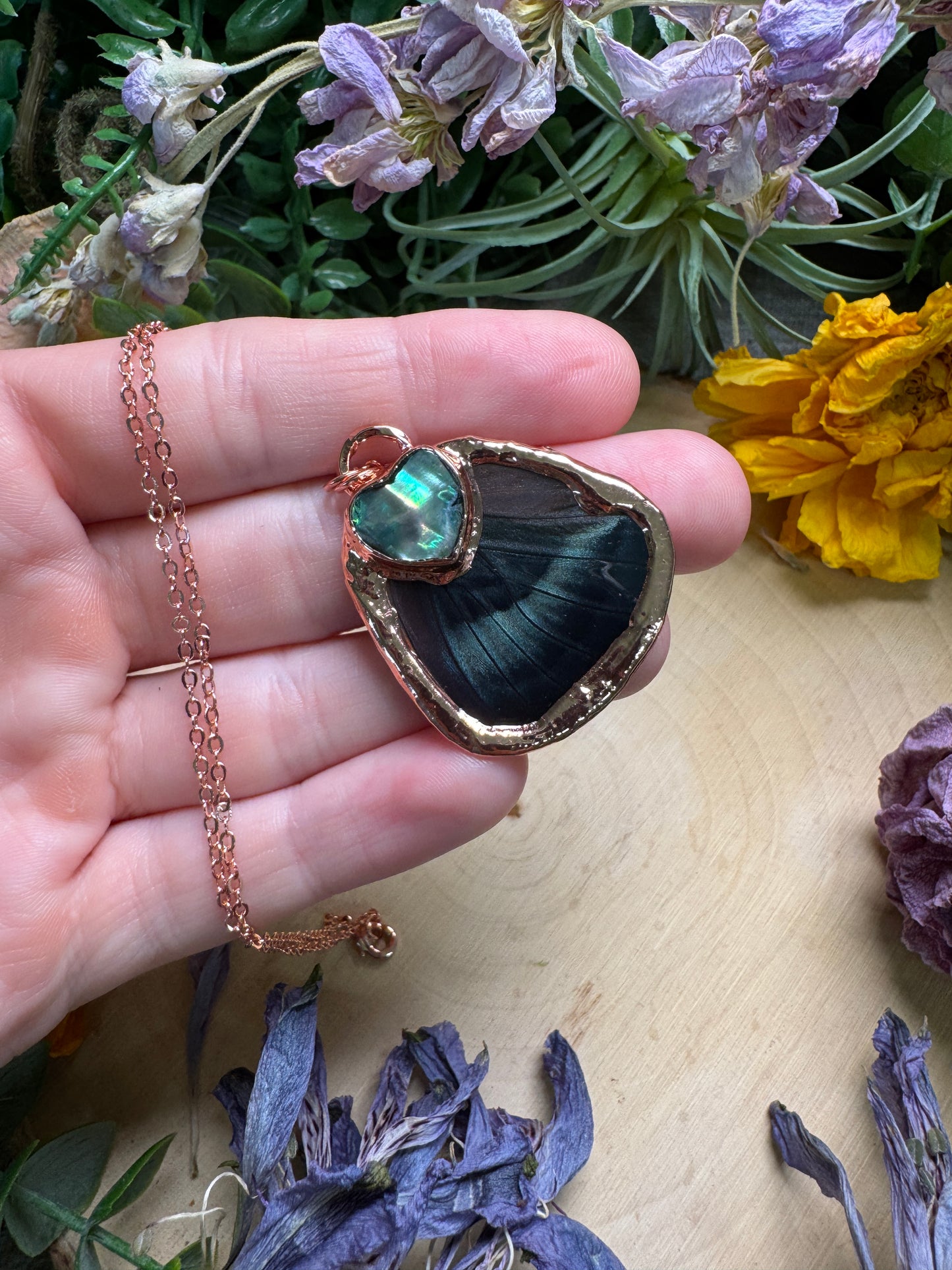 Abalone Shell and Butterfly Wing Necklace (reversible)