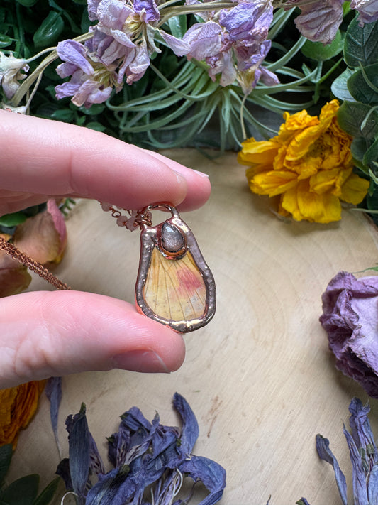 Peach Moonstone and Moth Wing Necklace