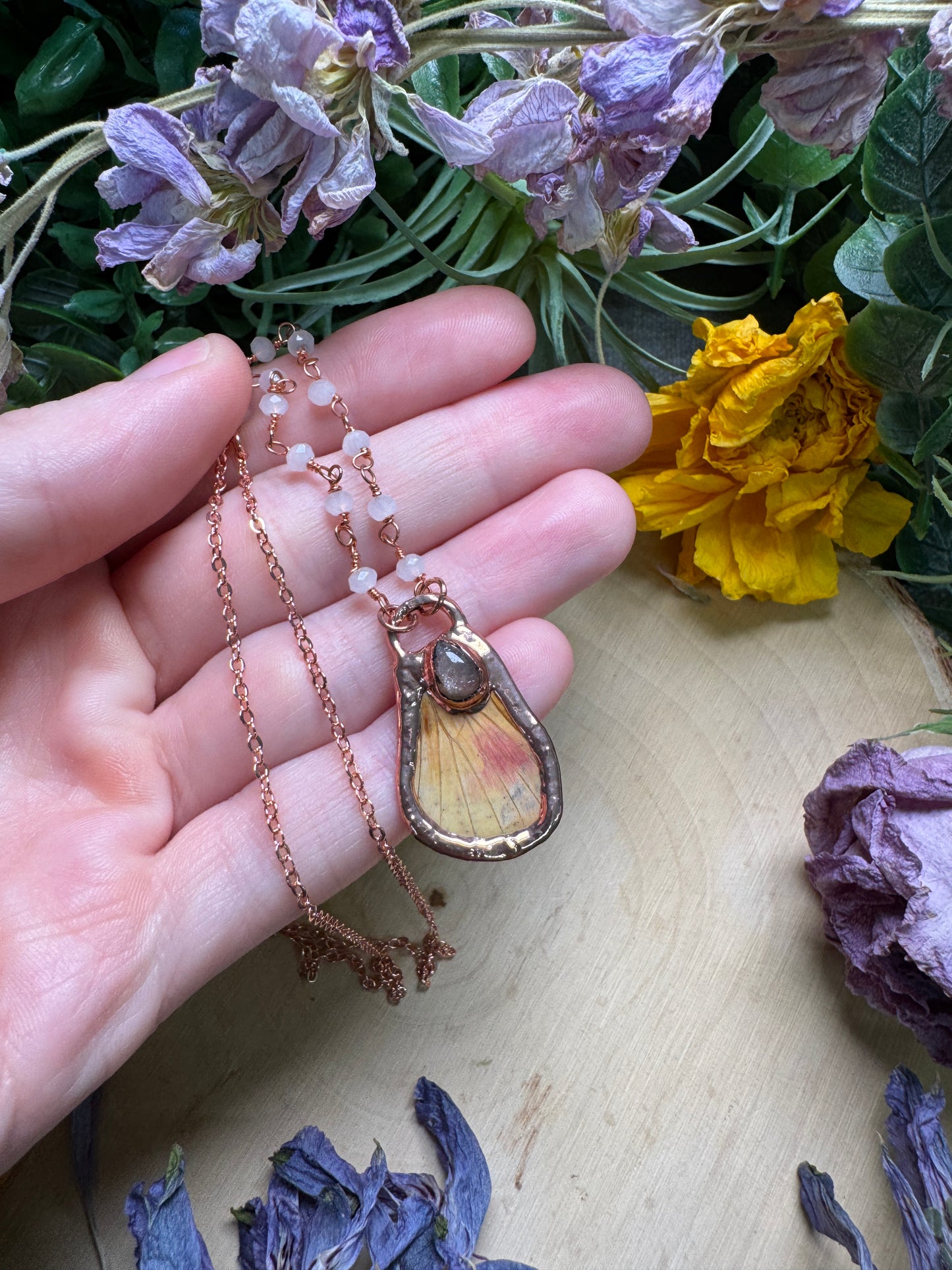 Peach Moonstone and Moth Wing Necklace
