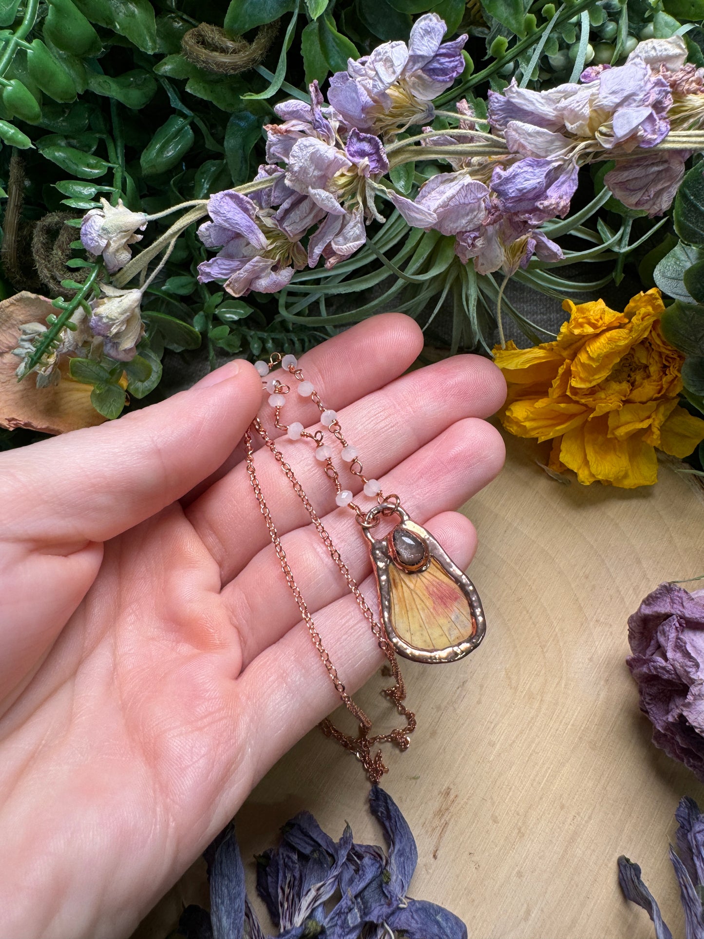 Peach Moonstone and Moth Wing Necklace