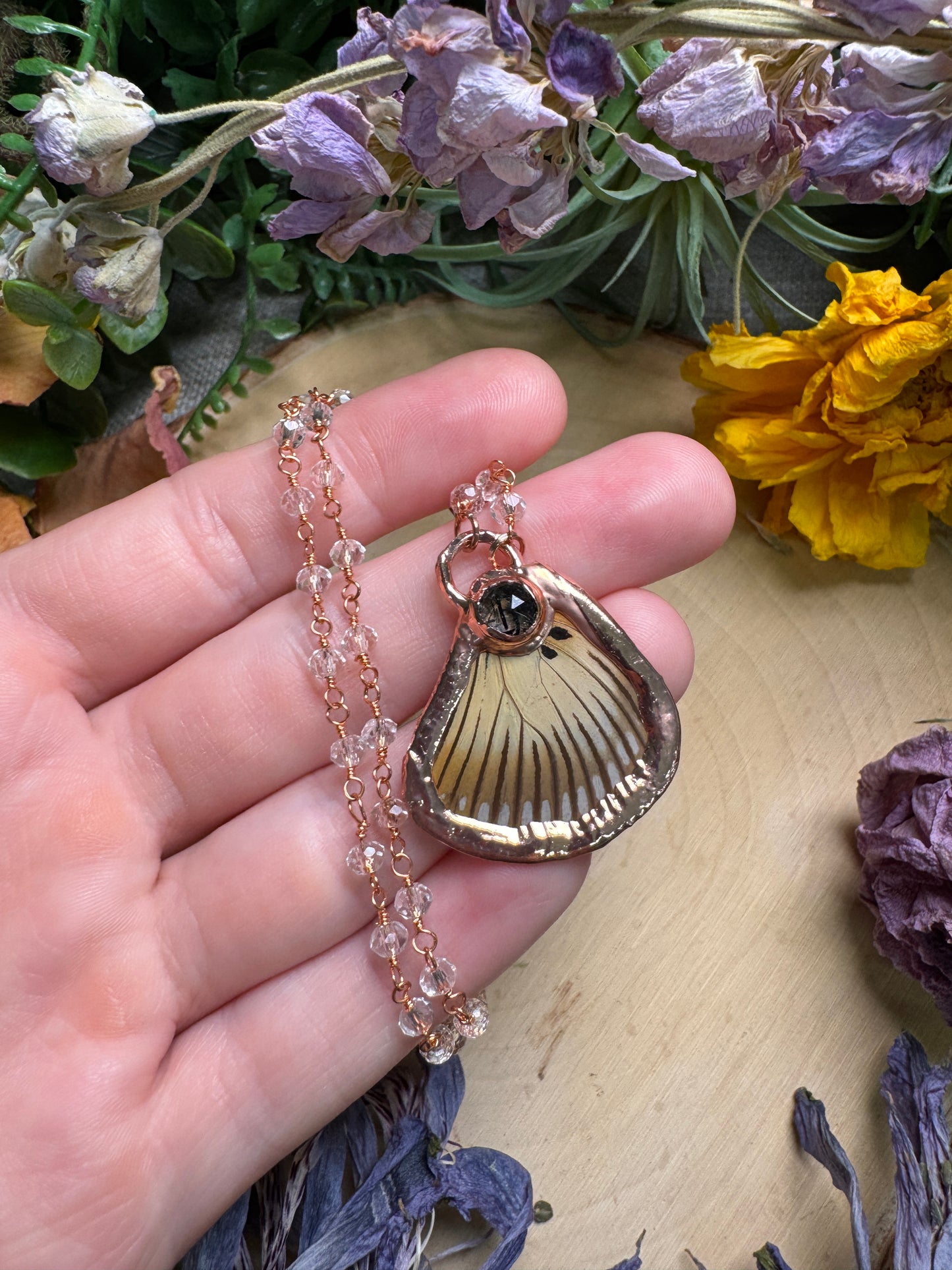 Black Rutile Quartz and Butterfly Wing Necklace